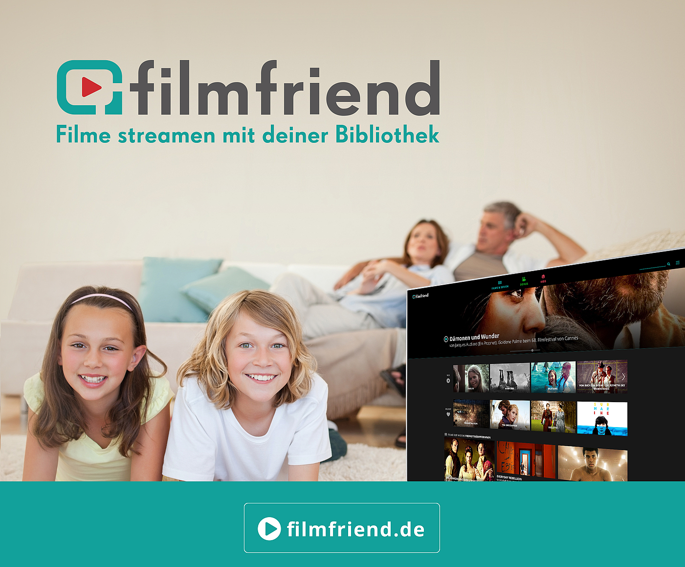 Kinder in einem Wohnzimmer vor dem Fernseher, Icon des Angebots Filmfriend