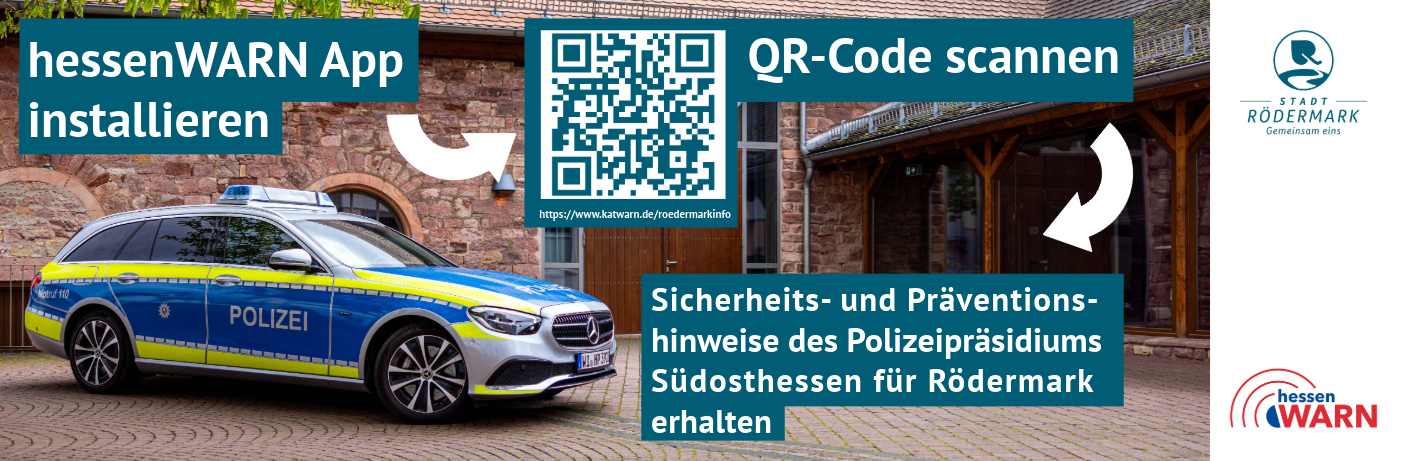 Ein Polizeiauto parkt vor der Kelterscheune in Urberberach.QR-Code zur Installation der Hessen-WArn-App, um Sicherheits- und Präventionshinweise der Polizei Südosthessen zu erhalten.